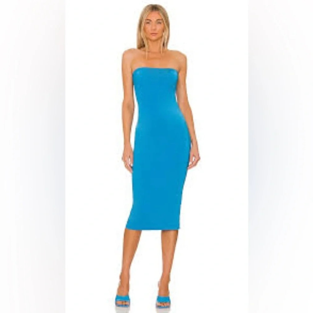 REVOLVE Blue Strapless Bodycon Midi Dress
